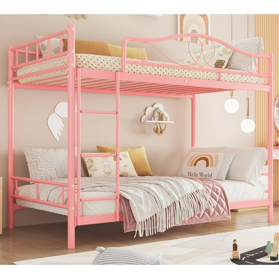 Metal Bunk Bed Twin Over Twin, Bunkbeds Frame with Safety Guard Rails, Steel Bed for School, Bedroom Space-Saving, Pink