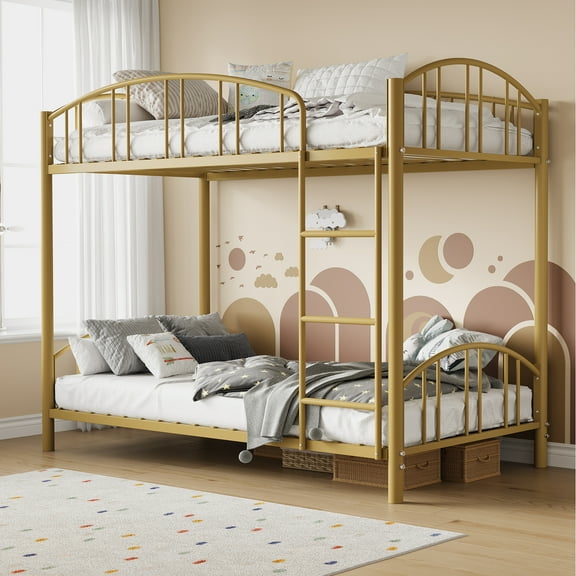 Metal Bunk Bed Twin Over Twin, Heavy Duty Bed with Arched Guard Rails and Safety Ladder, Steel Bed for School, Bedroom, No Box Spring Needed