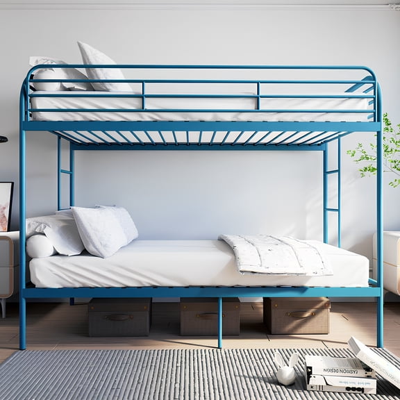 Metal Bunk Bed Twin Over Twin, Heavy Duty Bunk Beds with 2 Ladders and Full-Length Guardrai, No Box Spring Needed, Easy Assemble, Blue