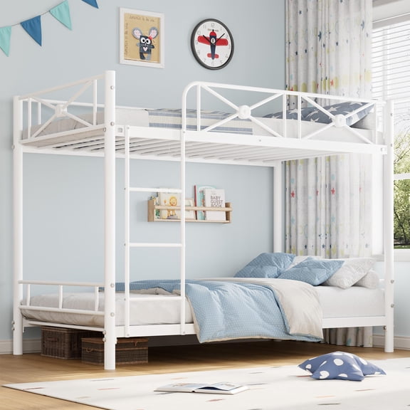 Metal Bunk Bed Twin Over Twin, Industrial Bunkbeds Heavy Duty Bed with Safety Guard Rails and Space-Saving Design, Steel Bed for School, Bedroom