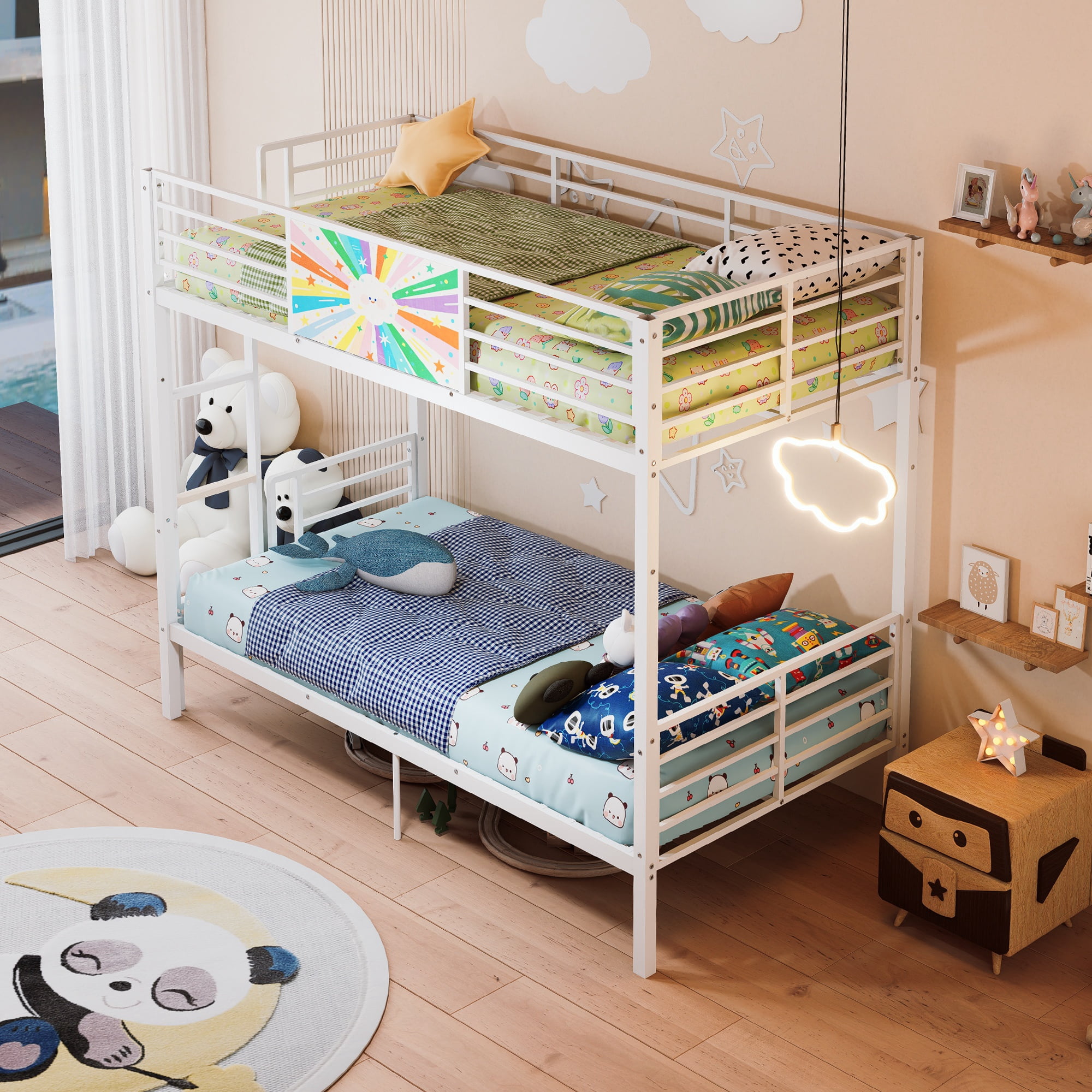 Metal Bunk Bed Twin Over Twin for Adults and Kids, Heavy Duty Frame with Full-Length Guardrail and Padded Ladder, No Box Spring Needed, White