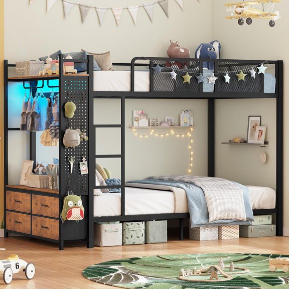 Metal Bunk Bed Twin Over Twin with Hall Tree, Power Outlet, LED Bunk Bed with 4 Storage Drawers, Bed with Safety Guardrail & Ladders, No Box Spring Needed, Easy Assembly, Rustic Brown