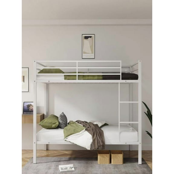Metal Bunk Bed Twin Over Twin, Heavy Duty Bunk Beds with Built-in Ladder and High Guardrail, Space-Saving Twin Size Bunkbed Frame for Teens/Adults, Dorm, Bedroom, Apartment