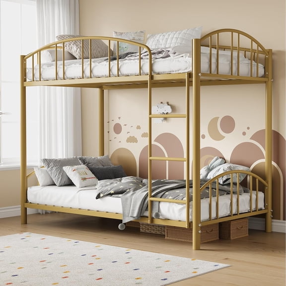 Metal Bunk Bed Twin Over Twin, Heavy Duty Bunkbeds Frame with Arched Guardrail and Safety Ladder, Sturdy Steel Bed , Space-Saving, No Box Spring Needed, Gold