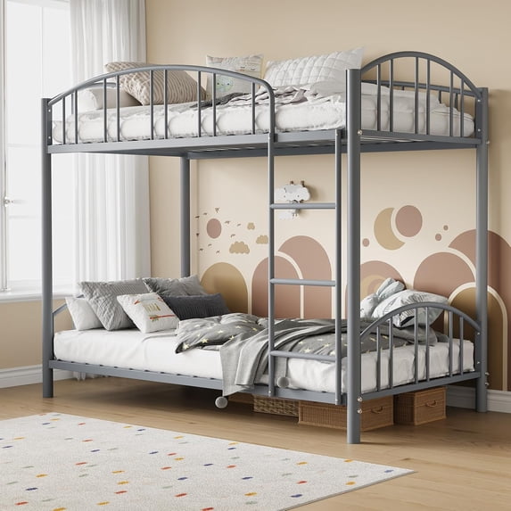 Metal Bunk Bed Twin Over Twin, Heavy Duty Bunkbeds Frame with Arched Guardrail and Safety Ladder, Sturdy Steel Bed , Space-Saving, No Box Spring Needed, Matte Gray