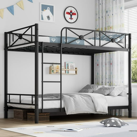 Metal Bunk Bed Twin Over Twin, Industrial Bunkbeds Heavy Duty Bed with Safety Guard Rails and Space-Saving Design, Steel Bed for School, Bedroom, Black
