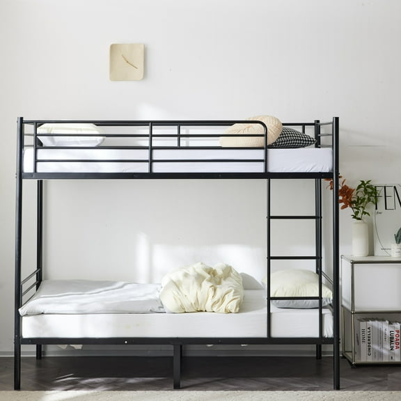 Metal Bunk Bed Twin Over Twin, Industrial Bunkbeds with Ladder and Full-Length Guardrail, Noise Free, No Boxing Spring Needed, Iron Bed for School, Bedroom, Black