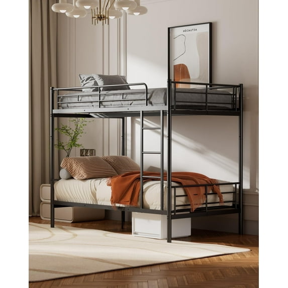 Metal Bunk Bed Twin Over Twin with Ladder and Full-Length Guardrail, Heavy Duty Bed Frame, Convertible Twin Bunk Beds into 2 Individual for Kids Teen Adults, Black
