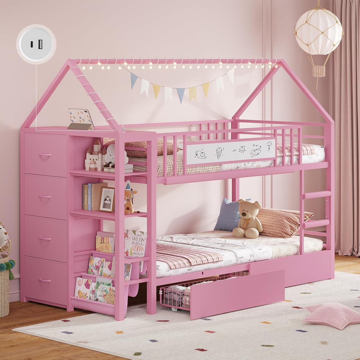 Metal Bunk Bed Twin Over Twin Loft Bed with Globe String Lights and 6