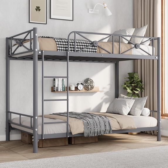 Metal Bunk Bed Twin Over Twin, Modern Heavy Duty Bunkbeds with Safety Guard Rails & Space-Saving Design, Steel Twin Bunk Beds for School, Bedroom, Grey with Sturdy Steel Slats