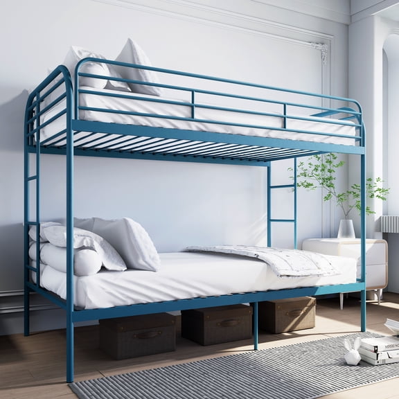 Metal Bunk Bed Twin Over Twin Sturdy Heavy Duty Bunk Beds with 2 Side Ladders and Safety Guard Rails, Space Saving, No Box Spring Needed, for School, Bedroom, Dormitory, Blue