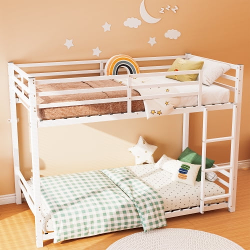 Metal Bunk Bed Twin Over Twin, Sturdy Steel Frame with High Guardrail and Ladder, Space-Saving Bed with Under-Bed Storage, Noise-Free Design No Box Spring Needed for Bedroom Dorm Guest Room, White