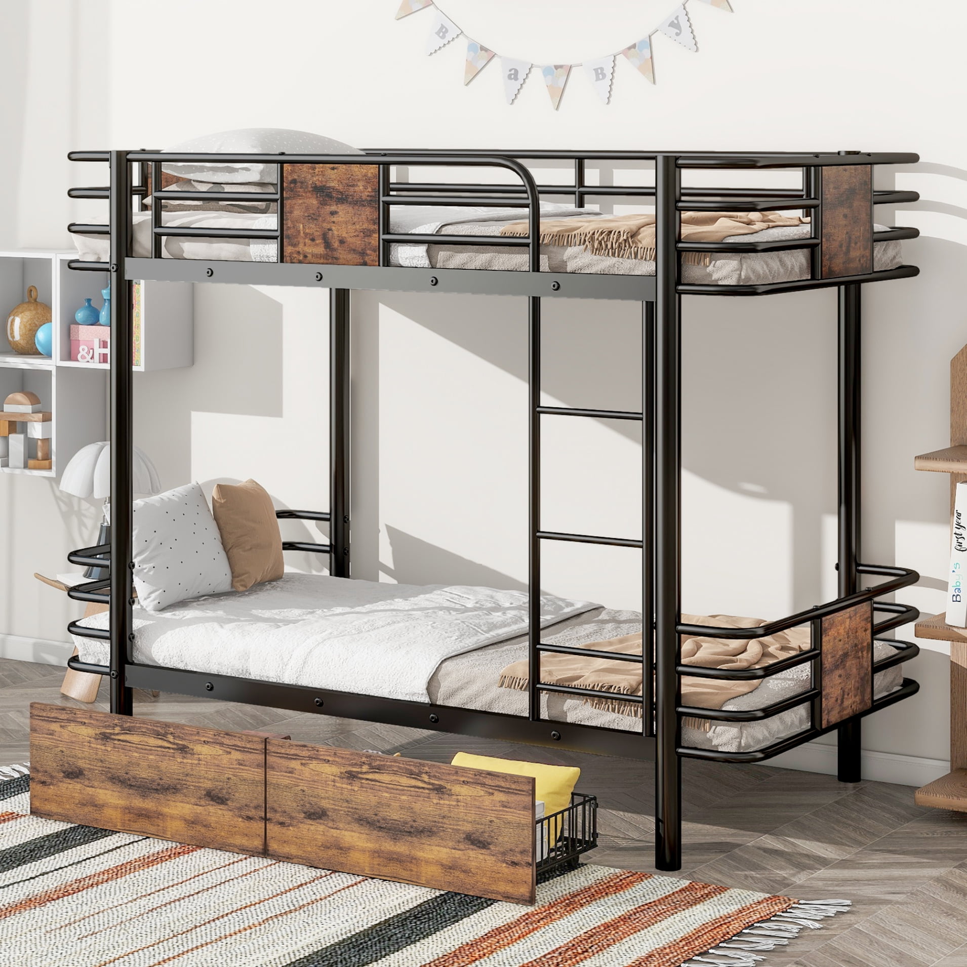 Twin XL Over Twin XL Metal Bunk Bed with 2 Storage Drawers and MDF