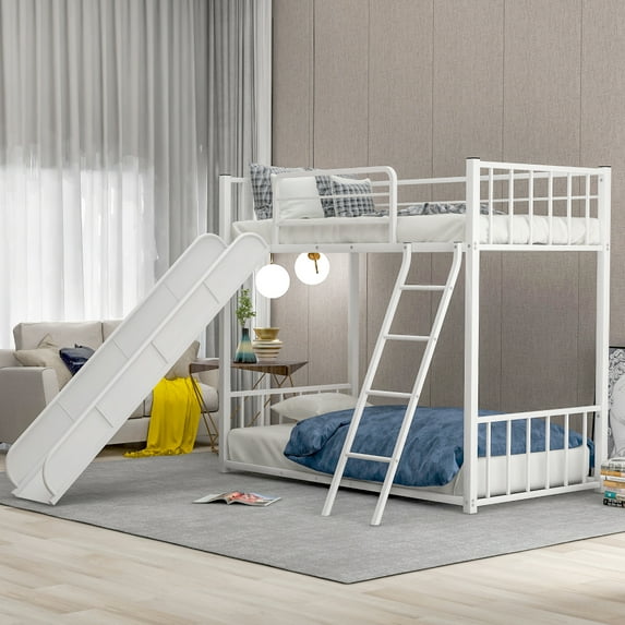 Metal Bunk Bed With Slide, Twin Over Twin,Suitable For The Bedroom, Guest Room, White