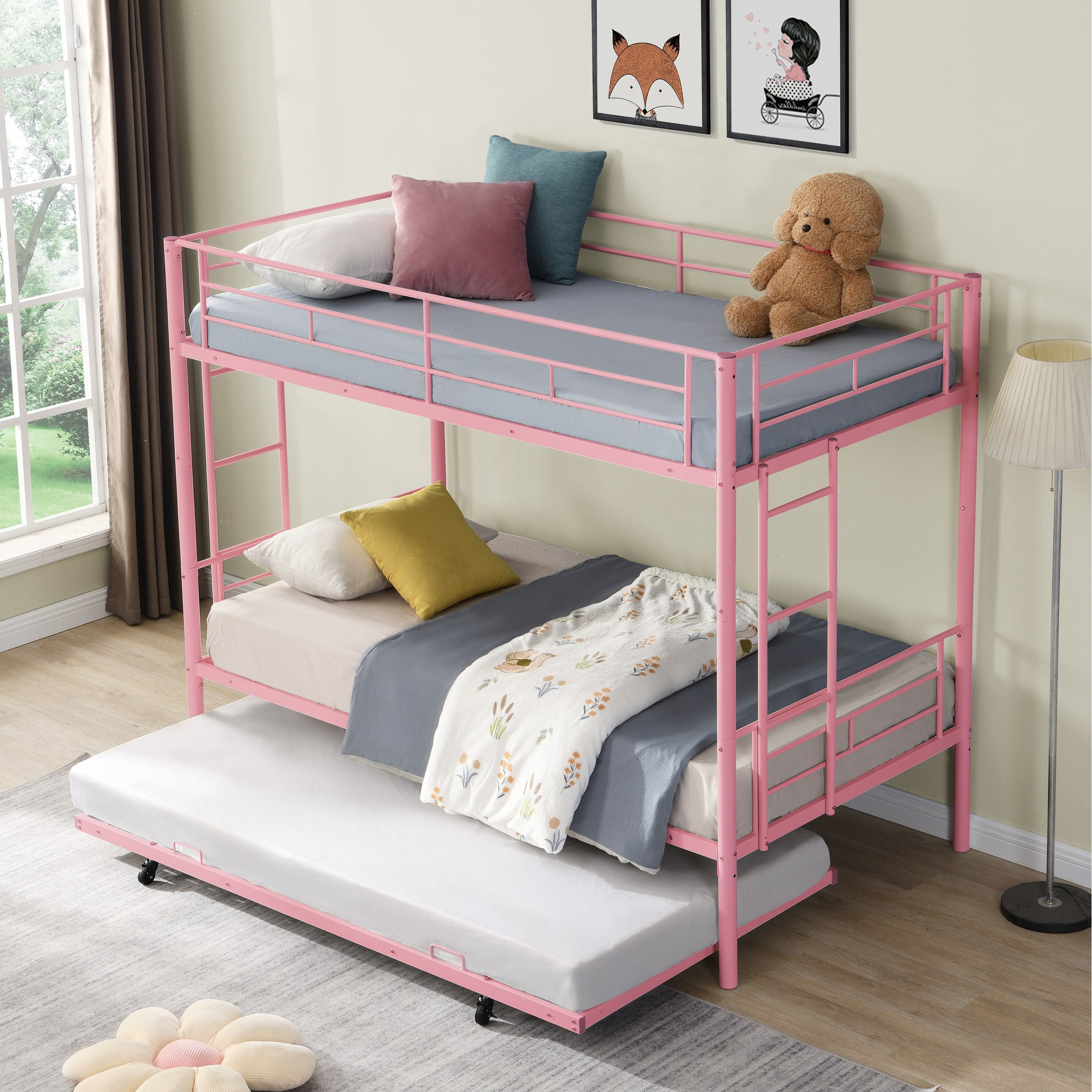 Metal Bunk Bed With Trundle Pink