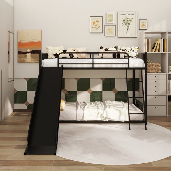 Metal Bunk Bed with Slide, Twin over Twin, Black