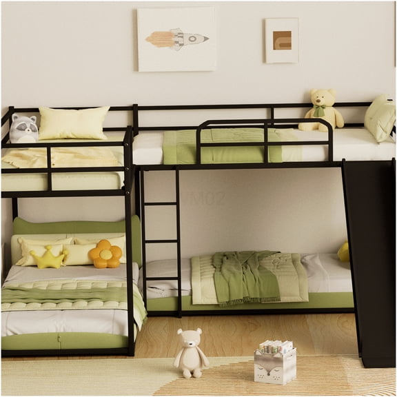 Metal Bunk Bed with Slide and Short Ladder, Twin Over Twin Space-Saving Loft Bed Frame with Storage