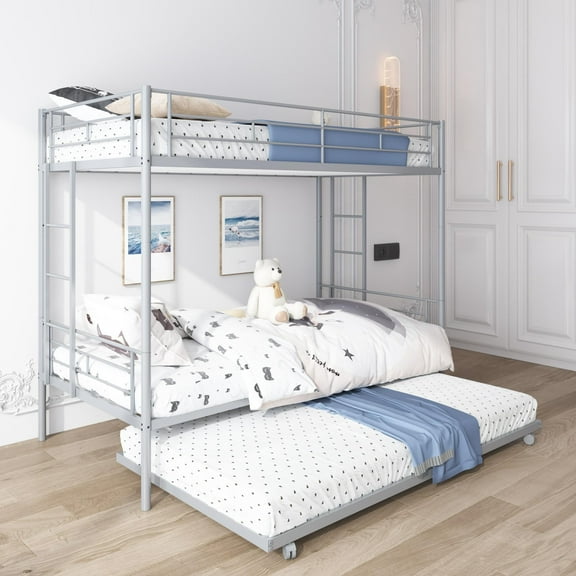 Metal Bunk Beds , Modern Twin Over Twin Loft Bed with Trundle, Sturdy Metal Twin-Over-Twin Bunk Bed with Full Guardrails, Convertible Bunk Beds Frame, 400lbs, SS1385