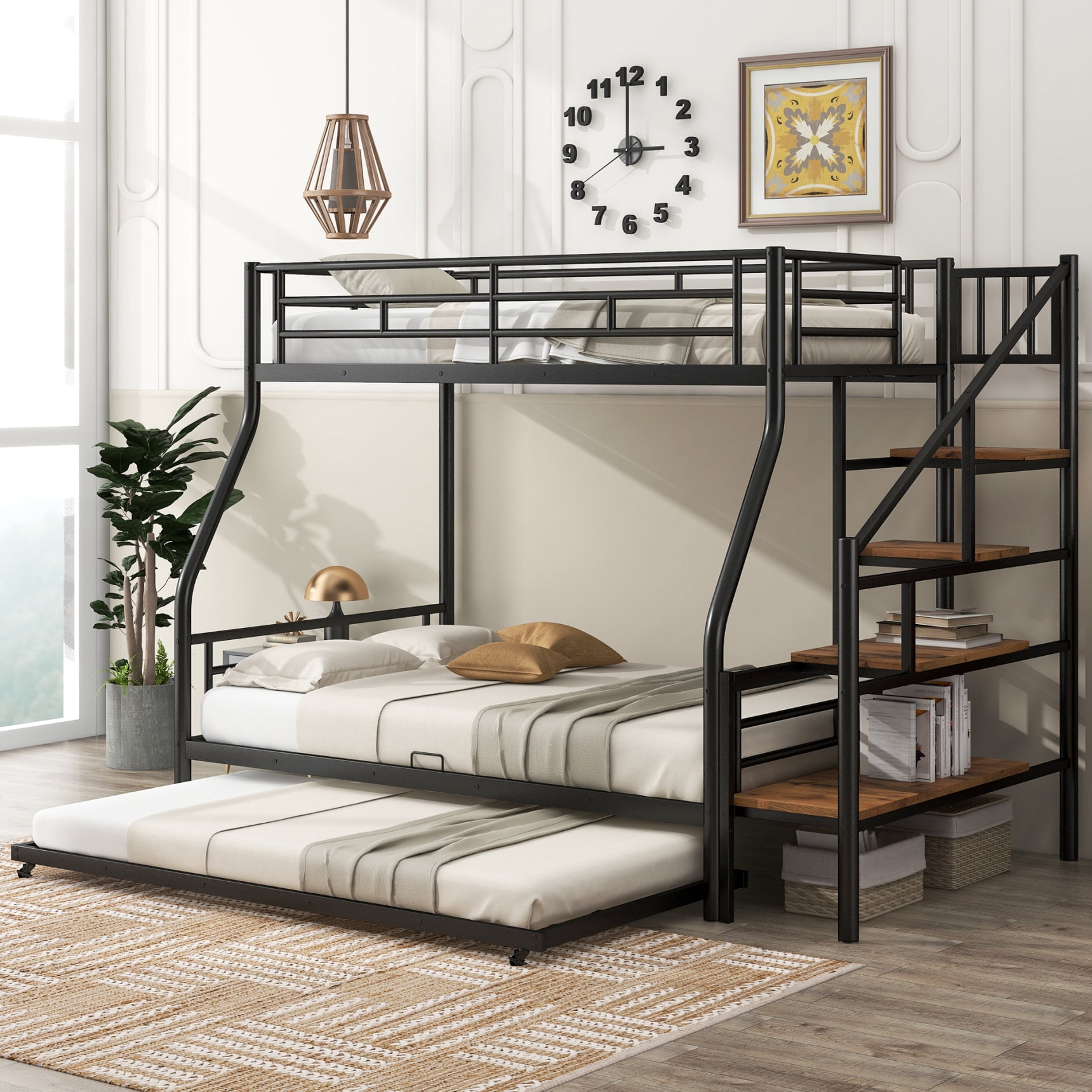 Metal Bunk Beds Twin Over Full Size with Trundle, Heavy Duty Bunk Bed ...
