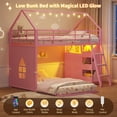 thumbnail image 1 of Metal Bunk Beds Twin over Twin Size with LED Lights and Storage Drawers, L-Shaped Floor Twin Bunk Bed Frame with 3 Open Bins, Safety Guardrail & Ladder, House Low Bunk Beds for 3 Teens, Pink, 1 of 9