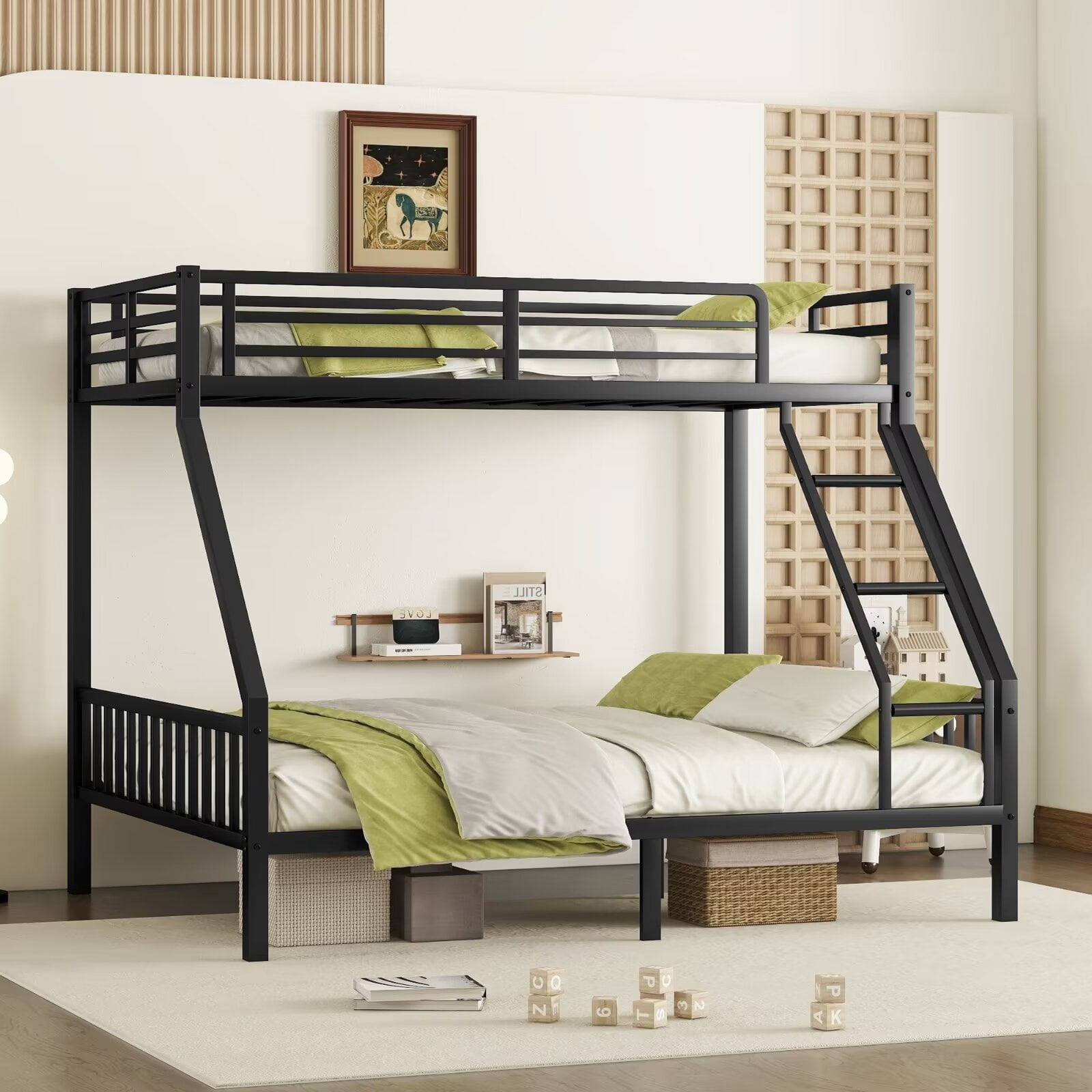 Metal Bunk Beds, Twin XL Over Queen Bunk Bed Frame with Ladder and FullLength Guardrail, Heavy