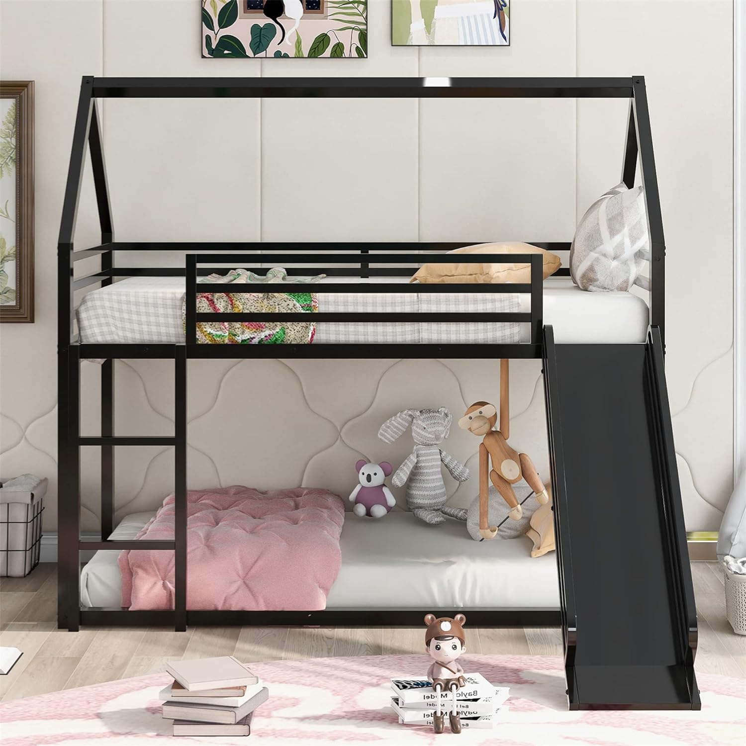 Metal Bunk Beds With Slide, House Bunk Bed Over With Roof, Kids Floor