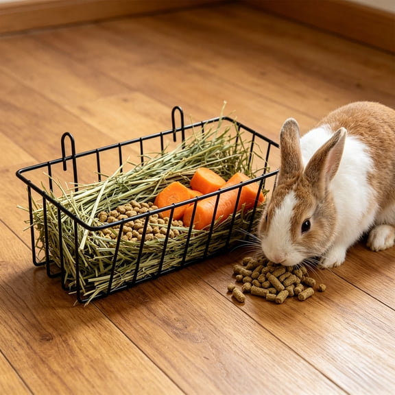 Metal Bunny Grass Feeder Basket, Small Pet Food Rack, Hanging Iron Feeder for Rabbits, Guinea Pigs, Chinchillas, Durable Mesh Design, Reduces Food Waste, Easy to Install and Clean Black