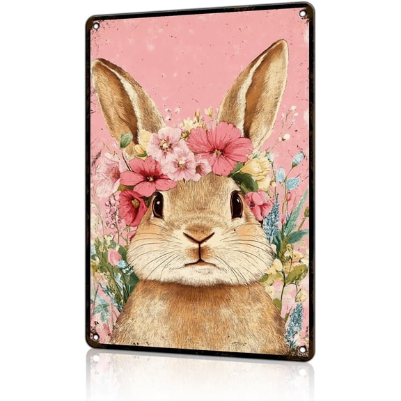 Metal Bunny Rabbit Easter Wall Art Tin Sign, Primitive Country Spring Decor for Home Kitchen Bedroom, 8 x 12 Inch