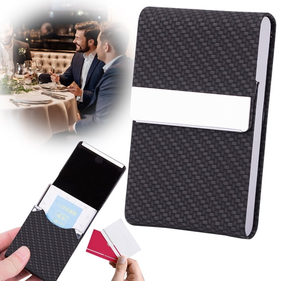 Metal Business Card Holder Stainless Steel & Pu Leather, Anti-Scratch Card Case, for Business Id Bank Cards, Also Money Clip, Black