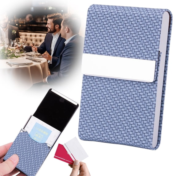 Metal Business Card Holder Stainless Steel & Pu Leather, Anti-Scratch Card Case, for Business Id Bank Cards, Also Money Clip, Blue