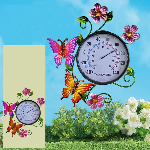 Metal Butterfly Thermometer Indoor Outdoor Wall Art Decor, Insect Plaque Sculpture Hanging Mounted for Living Room Bedroom Kitchen Workroom Patio, Waterproof , No Battery Required