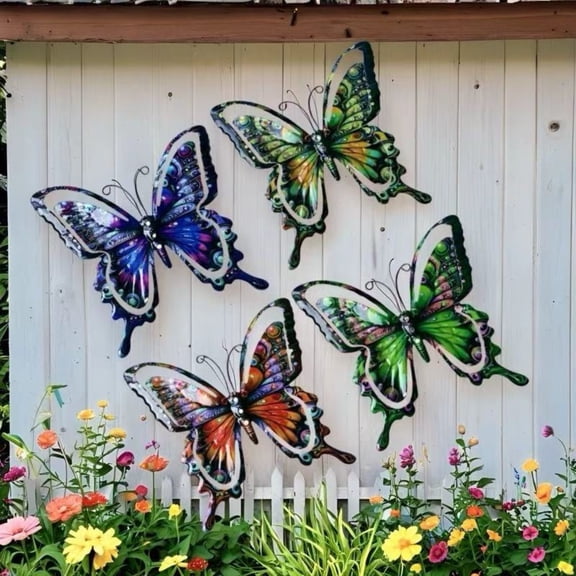 Metal Butterfly Wall Art Set 4-Pack, Colorful Decorative Hanging Butterfly Sculptures for Indoor Outdoor Yard Patio Fence Garden, Rustproof Wall Decor for Living Room Bedroom Home