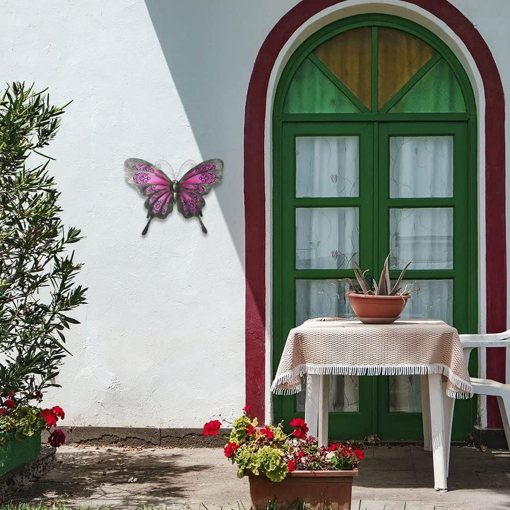 Metal Butterfly Wall Decor 12 Inch Glass Butterfly Outdoor Hanging Garden Decor For Yard Fence Patio Dark Pink
