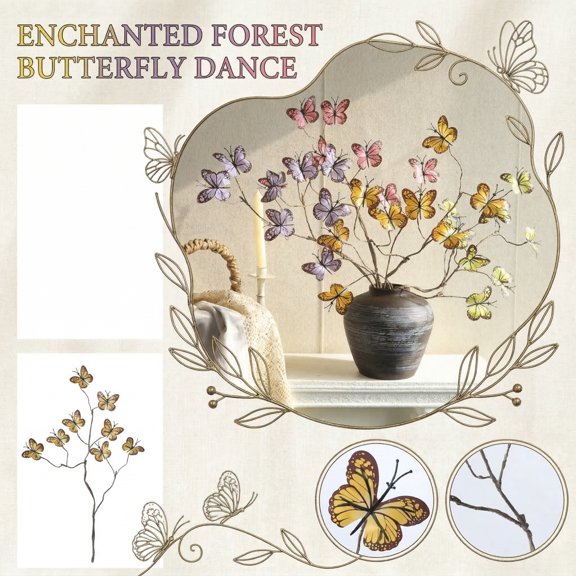 Metal Butterfly Wall Decor, Gold Butterfly Wall Decor, 36inTall, 8 Pc Butterflies, Black Bare Branch, Living Room Accent, Entryway Display, Gold Tone, 1 Pc Hobby, Home Decor