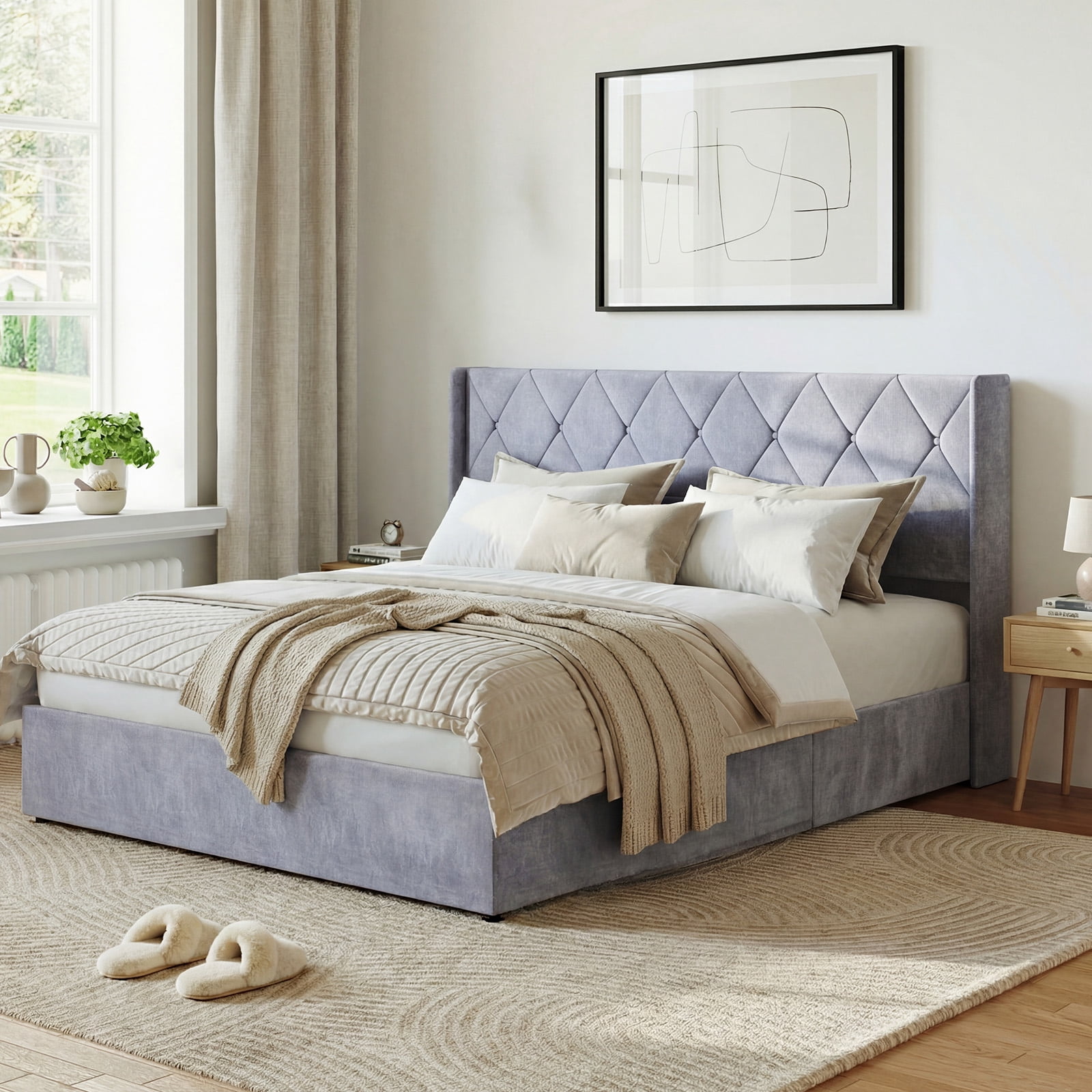 CONCETTA King-Size Lift Storage Bed, Modern Gray Wing-Style Headboard, Noise Free, No Spring Box Required, 1100lbs Capacity