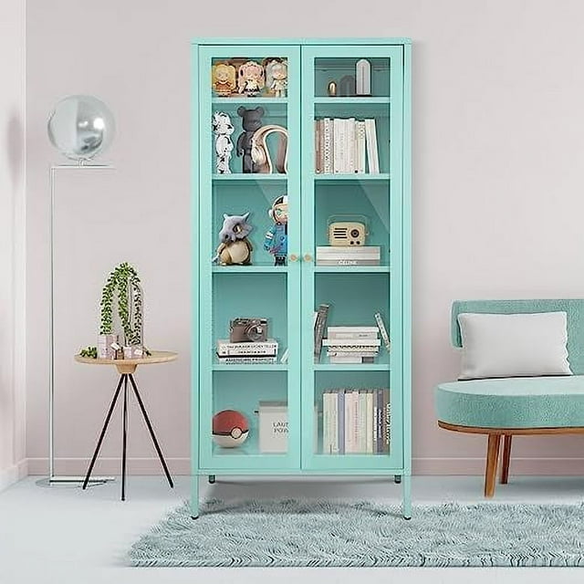 Metal Black Display Curio Glass with Glass Doors and 4