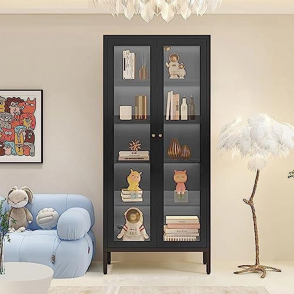 Metal Black Display Curio Glass with Glass Doors and 4
