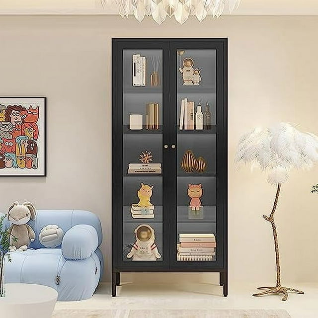 Metal Black Display Curio Glass with Glass Doors and 4