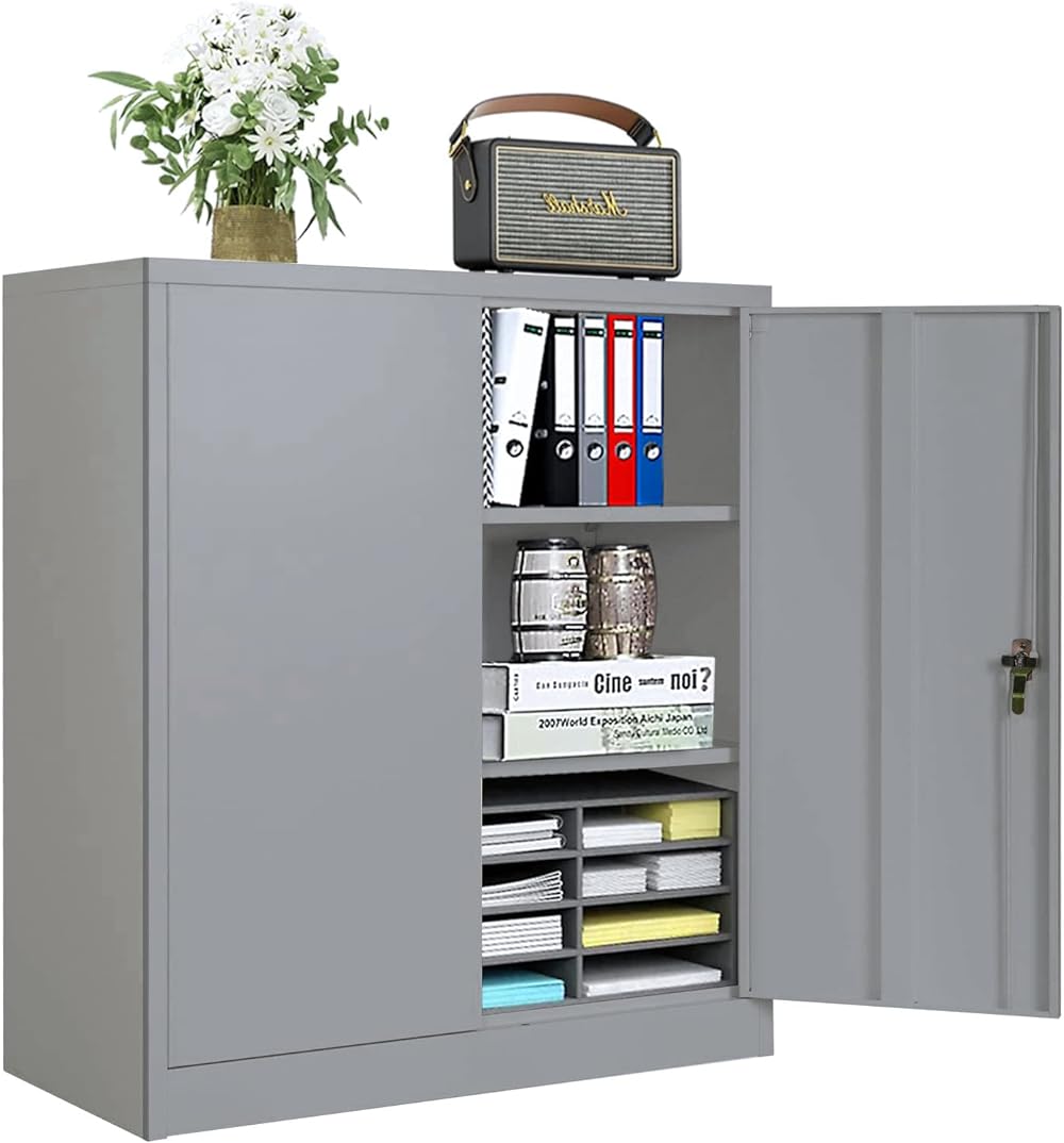 Metal Garage with Doors and Shelves 36" Hx32 Wx16 D