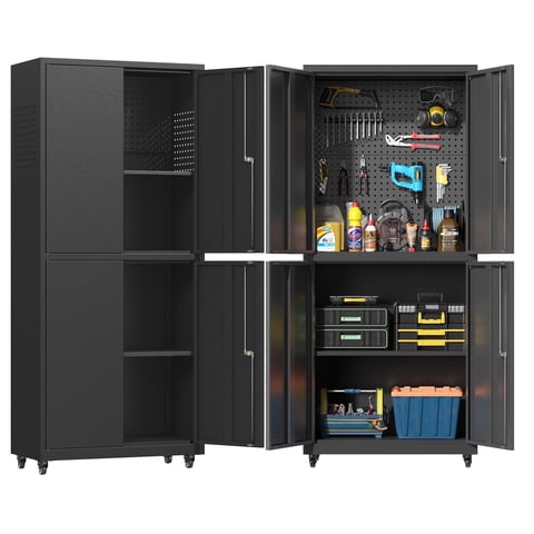 Metal Cabinet with Wheels,72.8" H Rolling Tool Storage Cabinet with Locking Doors and Adjustable Shelves,Garage Organization Cabinets,Lockable Storage Cabinet on Wheels for Garage,Warehouse (Black)
