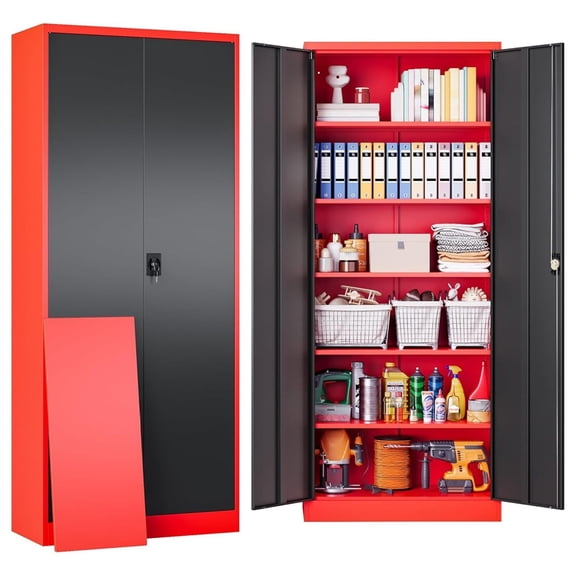 Metal Cabinet With Shelves, Lockable Storage for Home, Office, Shop, Garage - Red Steel With Locking Doors