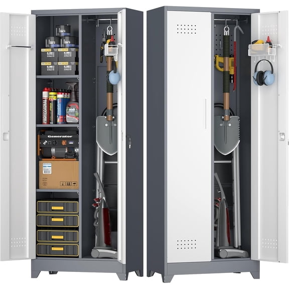 Metal Cabinets with Doors and Shelves, Cupboard with Hanging Rod, Bedroom Storage Cabinets, Heavy Duty Almirah for Clothes, 65" Laundry Room Cabinets, White/Grey