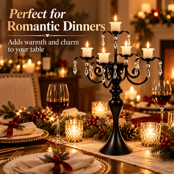 Metal Candelabra European Style Candlestick with Crystal Pendants, for Home, Wedding, Hotel, Dinner Table, Mantel, Banquet and Romantic Centerpiece Decor, Black