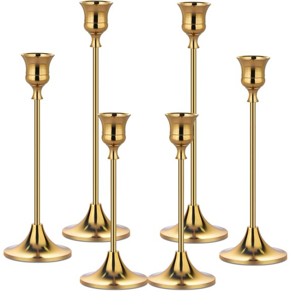 Metal Candle Holders for Candlesticks Taper Candlestick Holders Set Vintage Decorative Centerpiece Candelabra Tall Candle Stands (Gold, 2 Sets (6 pcs))
