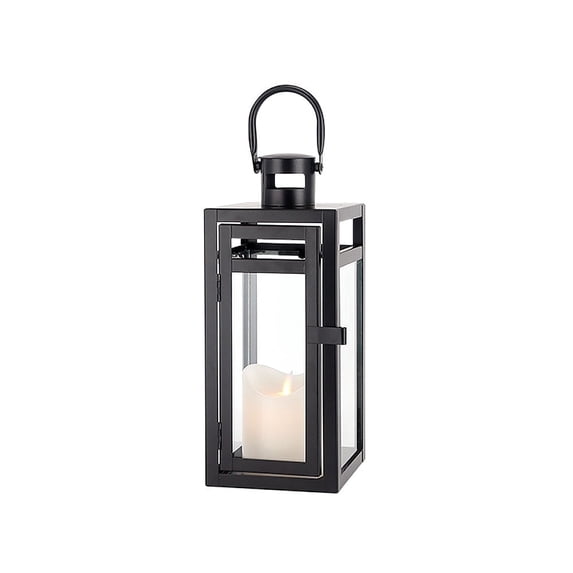 Metal Candle Lantern 12'' High Decorative Outdoor Lantern with Tempered Glass for Christmas Indoors Outdoors (Black Matte)
