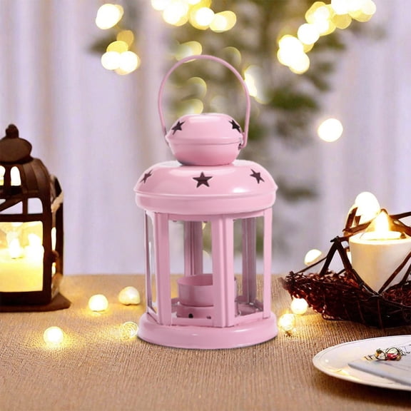 Metal Candle Lantern, Small Sized Tealight Candle Holder with Clear Glass and Openwork Stars for Indoors Outdoors Events Party Weddings (6.29" H,Pink)