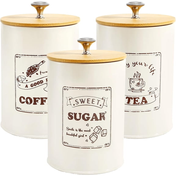 Metal Canisters Sets for the Kitchen, 40 Oz Coffee Sugar Tea Container Set, Farmhouse Style, Food Storage Containers with Lids for Countertop, Cabinet, Coffee Bar Decor, Beige