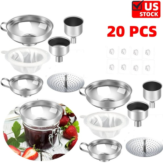 Metal Canning Funnels Set (20 Pcs) Wide Mouth Mason Jar Funnels for Filling Stainless Steel Kitchen Filter with Strainer Mesh Filter Brushes and Adhesive Hooks, Silver