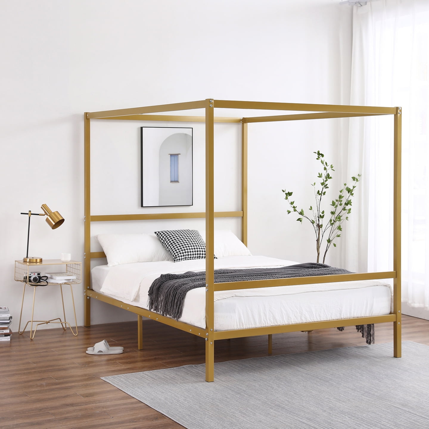 Metal Canopy Bed Frame Full, Gold Bed Frame with Center Support Legs, Platform Bed for Adults