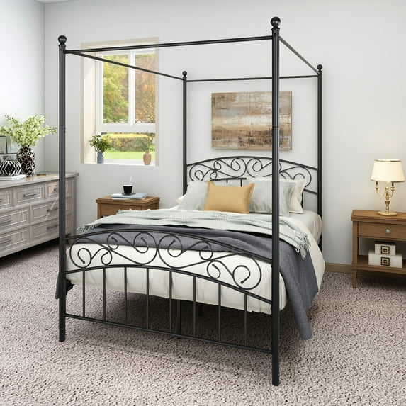 Metal Canopy Bed Frame, Full Size Canopy Platform Bed Frame with Ornate European Style Headboard & Footboard, Weight Capacity 600lbs, Easy Assembly, Full Black